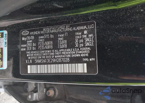 2009 Hyundai Santa Fe Limited from USA, damaged, VIN 5NMSH13E29H287028